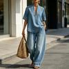 Yousheng Women's Summer 2 Piece Denim Set Short Sleeve Lapel V Neck Top And Wide Leg Pants Tracksuit Casual Vacation Outfits with