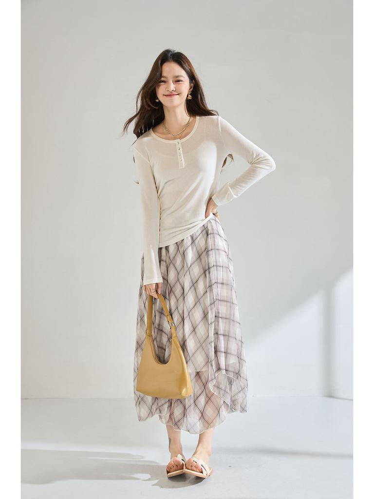 Plaid Asymmetrical Draped Chiffon Midi Skirt with Irregular Hem
