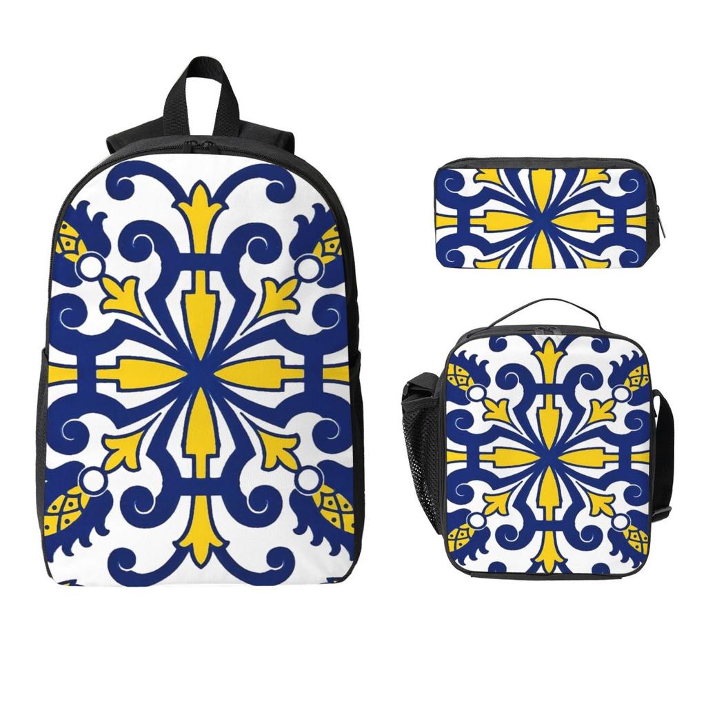 Portuguese Azulejo Tiles Backpack Student BookBag School Bag Laptop Shoulder Bags 3ps Insulated Lunch Bag Pencil Case
