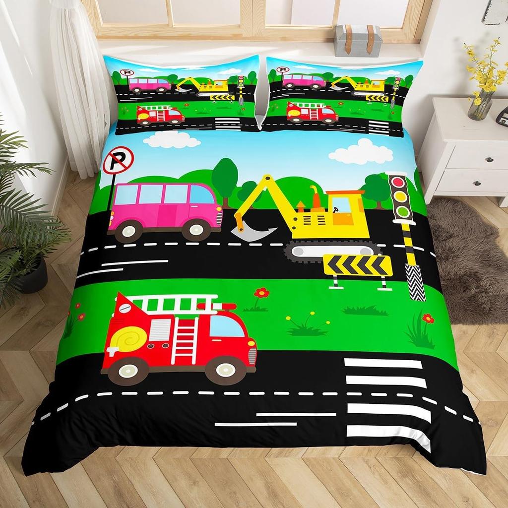 Colorful Cartoon Car Duvet Cover Set Twin King Train Truck Police Car Print Quilt Cover Cartoon Vehicle Bedding Set For Boy Teen