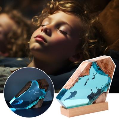 Harz Holz Tischleuchte USB-betrieben Handgefertigt Tiefseetaucher Höhle Schiffswrack Hai Wal Ozean