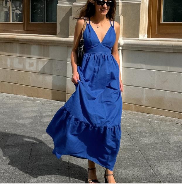 Summer New V-Neck Halter Suspender Sexy Temperament Casual A-Shaped Skirt Long Skirt Women