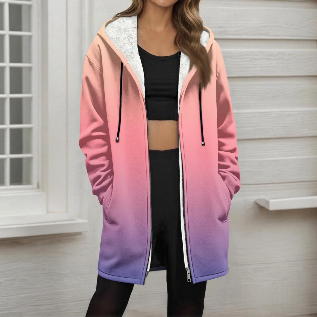 Women's Gradient Print Fashionable Loose Zipper Fleece Hoodie Jacket