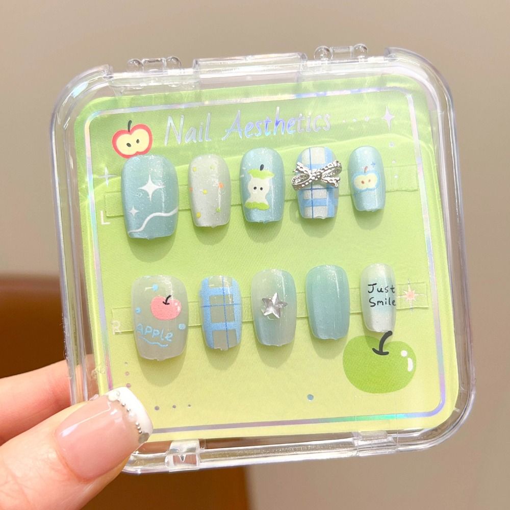 Hot Cartoon Children Wearing Nails Cherry Bow Detachable Press on Nail Cute Nail Tips for Girls Students