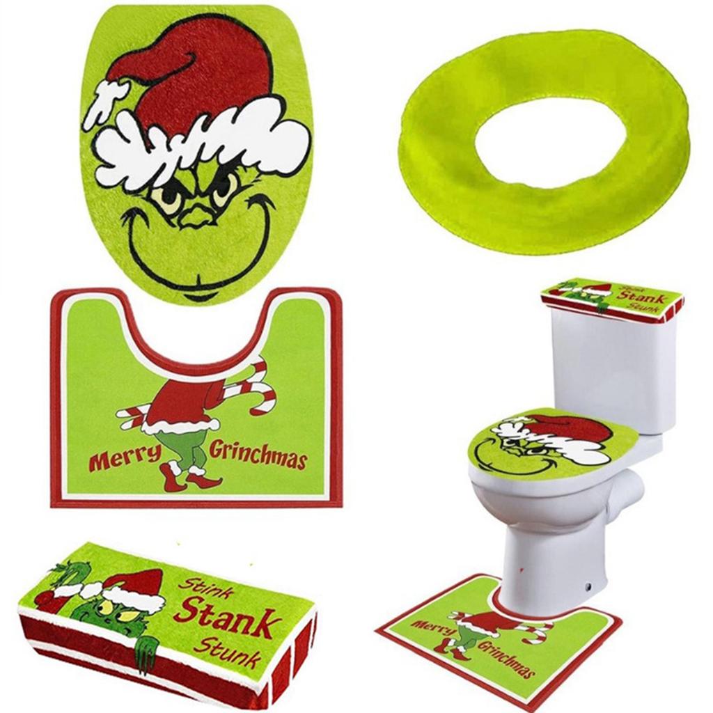 4-Piece Christmas Toilet Seat Covers – Green Holiday Toilet Seat Covers Set, Festive Bathroom Decor For Christmas, Funny Xmas Bathroom Accessories