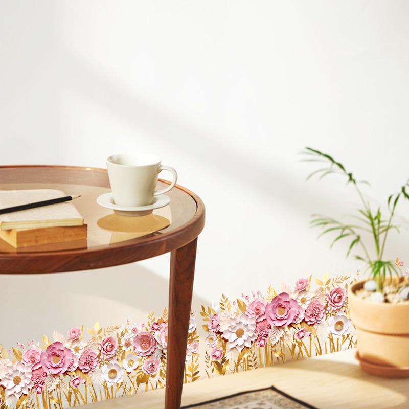 Pink Rose Removable Waterproof Baseboard Wall Sticker for Bedroom and Living Room Home Decoration