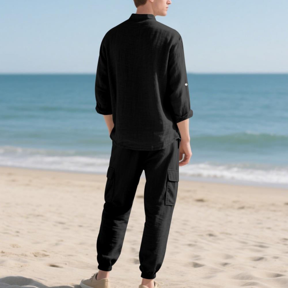 Spring and Summer Men's Linen Button Long Sleeved Shirt and Pants Set, Fashionable, Casual,  Breathable, Quick Drying 2-Pic Set