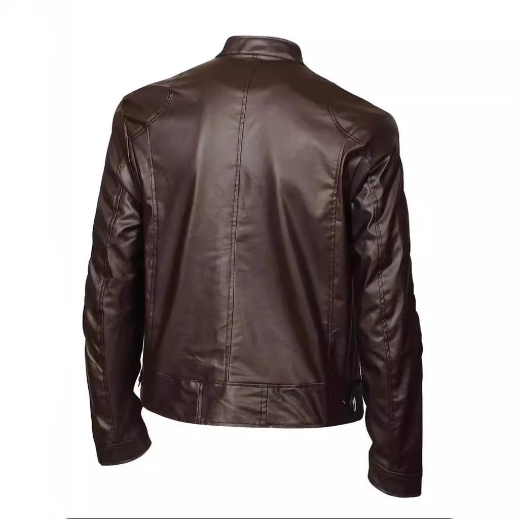 High quality men's stand-up collar European size leather jacket zipper pocket decorative leather jacket locomotive men's leather jacket