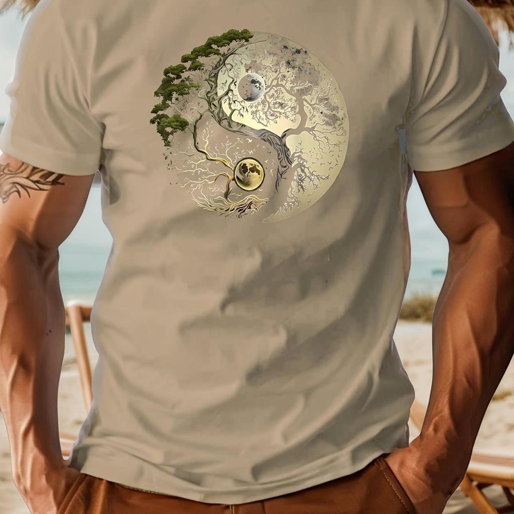 Men's summer casual loose sports yin-yang tree pattern print round neck short sleeved T-shirt top