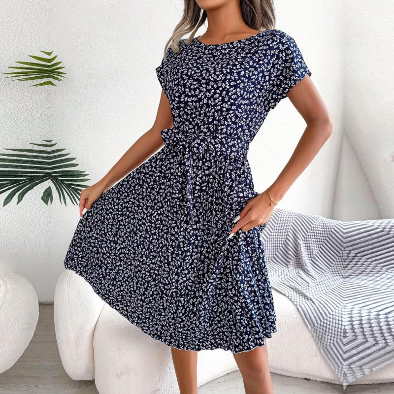 Abito Maxi da Donna con Stampa Floreale Manica Corta Pieghettato Vita Alta Linea ad A Casual Boho Chic Taglie Forti dalla S alla XL