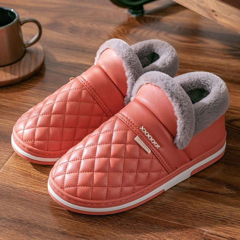 Waterproof slippers winter simple leather cotton home non-slip warm couple bag with cotton men and women home leisure