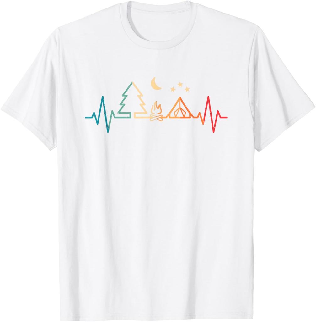 Retro Camping Heartbeat Nature Camper Hiking Men Boys TShirt