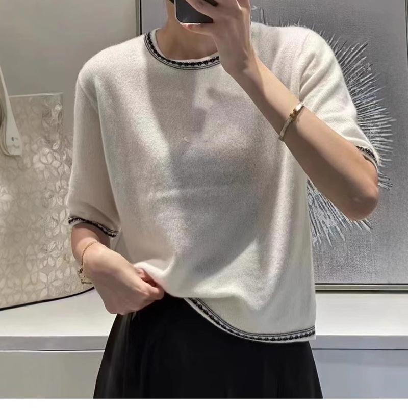 Knitted Short-sleeved Women's Spring and Summer New Fashionable and Elegant Versatile T-shirt Contrasting Style Base Shirt Top
