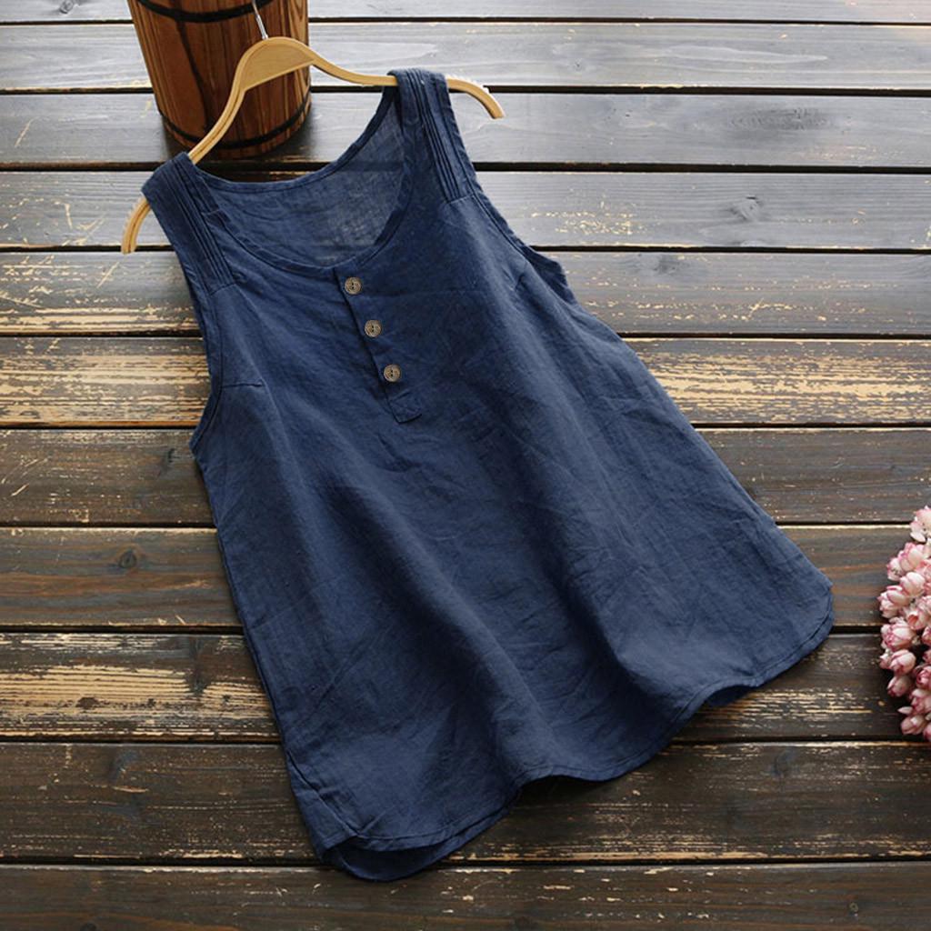 Top Casual da Donna Taglia Forte Lino Cotone T-shirt Vintage Tinta Unita Senza Maniche Gilet Largo Harajuku Stile Vintage Camicia Top