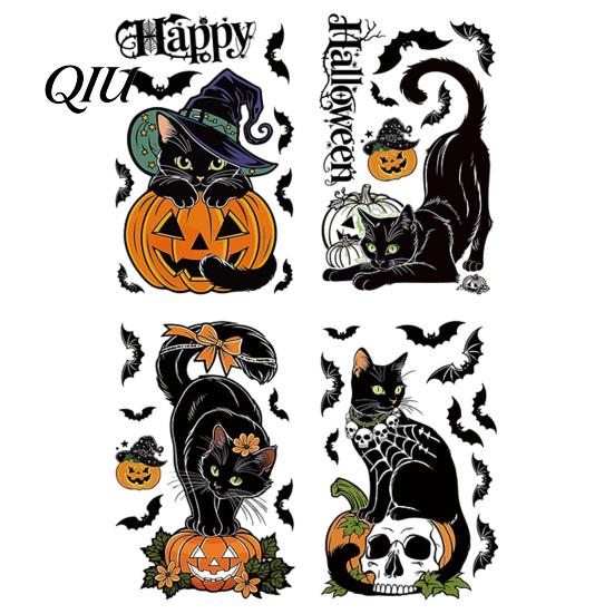 Pumpkin Glass Decoration 4 Sheets Halloween Black Cat Window Clings, Spooky Reusable Seasonal Adsorption Sticker, Double Sided Static Decals for Door