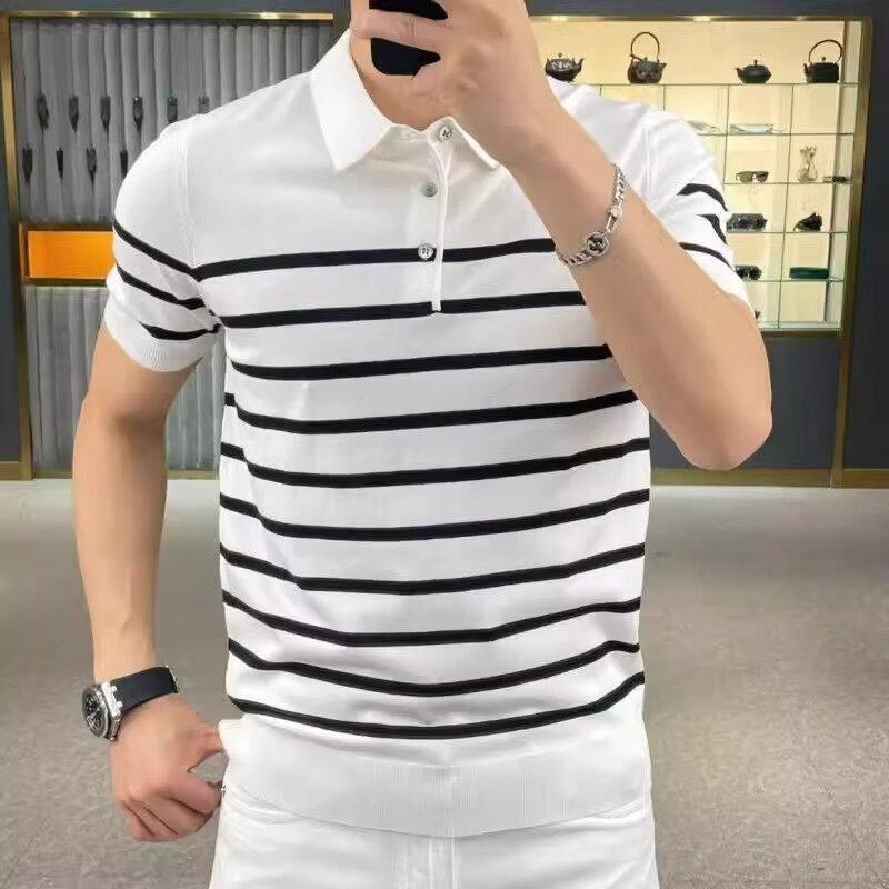 Men's Ice Silk Striped Polo Shirt - Light, Short-Sleeved, Summer 2024 Trend