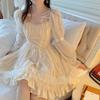 Sommer A-linie Rüschen Mesh Kleid Frauen Koreanische Süße Apricot Frauen Mini Kleid Quadrat Kragen Lange Puff Sleeve Prinzessin Kleider 28498