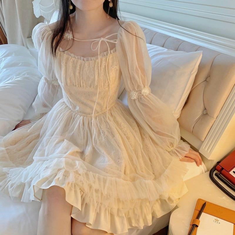 Sommer A-linie Rüschen Mesh Kleid Frauen Koreanische Süße Apricot Frauen Mini Kleid Quadrat Kragen Lange Puff Sleeve Prinzessin Kleider 28498