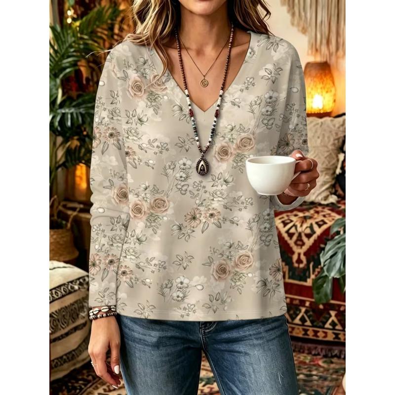 Autumn and Winter Women's Long-sleeved V-neck T-shirt