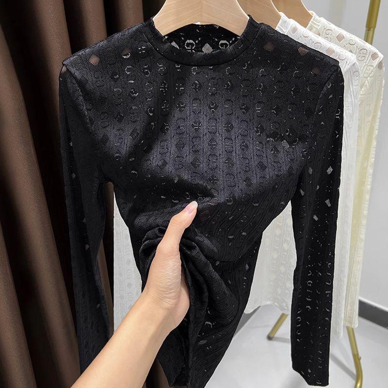 Krajková pletenina Slim Fit Síťovaná základní vrstva Dámské spodní prádlo Smysl pro design Halenka Základní Běžné Rameno Kulatý výstřih Dírkované Tričko pro ženy