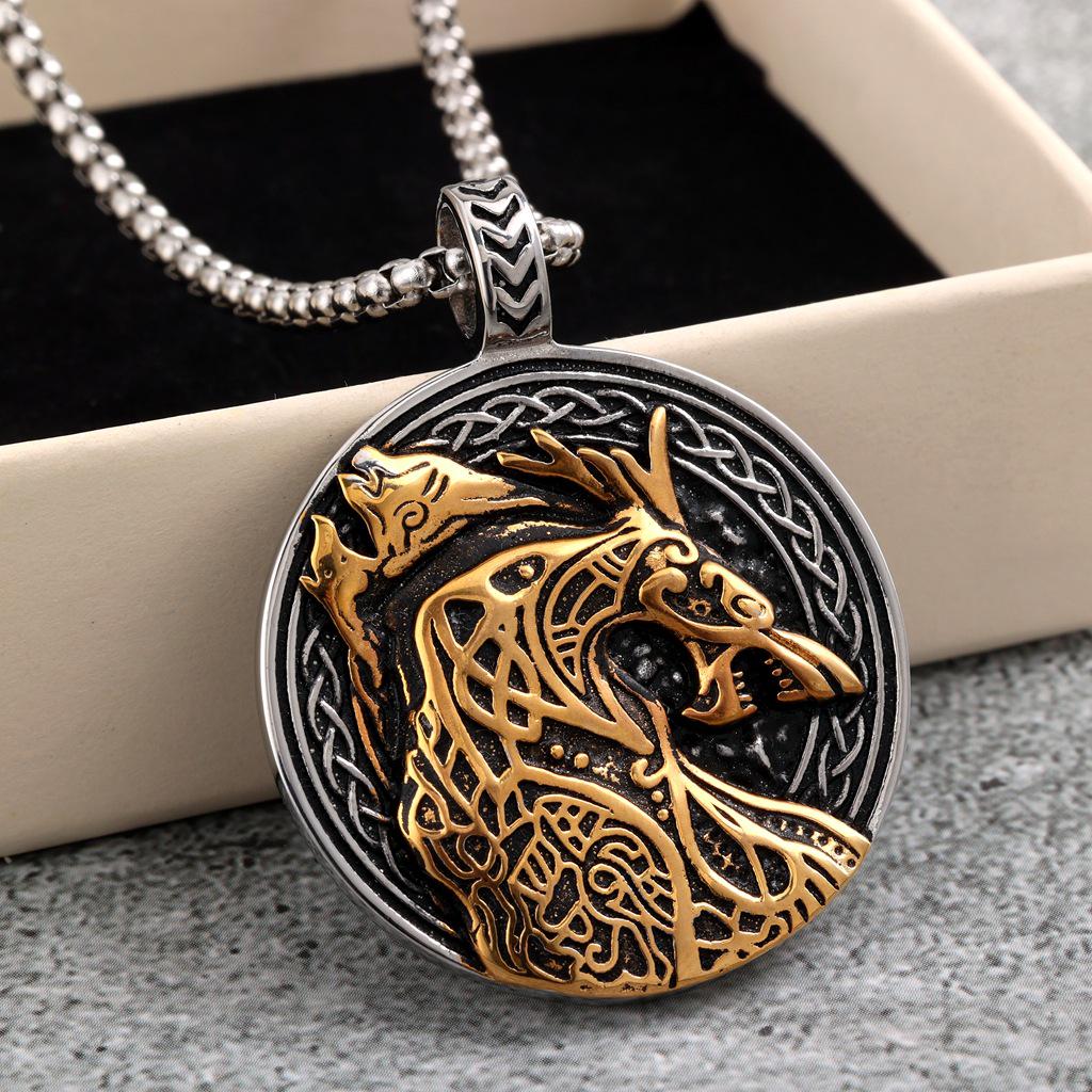 Men's Retro Stainless Steel Celtic Wolf Pendant Necklace