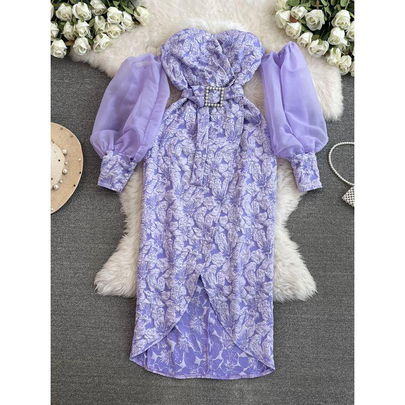 

Фиолетовое платье с длинными рукавами-фонариками из жаккарда с тиснением, женское, французский стиль, темперамент, жемчужная пряжка на талии, приталенное, формальное платье Purple XL