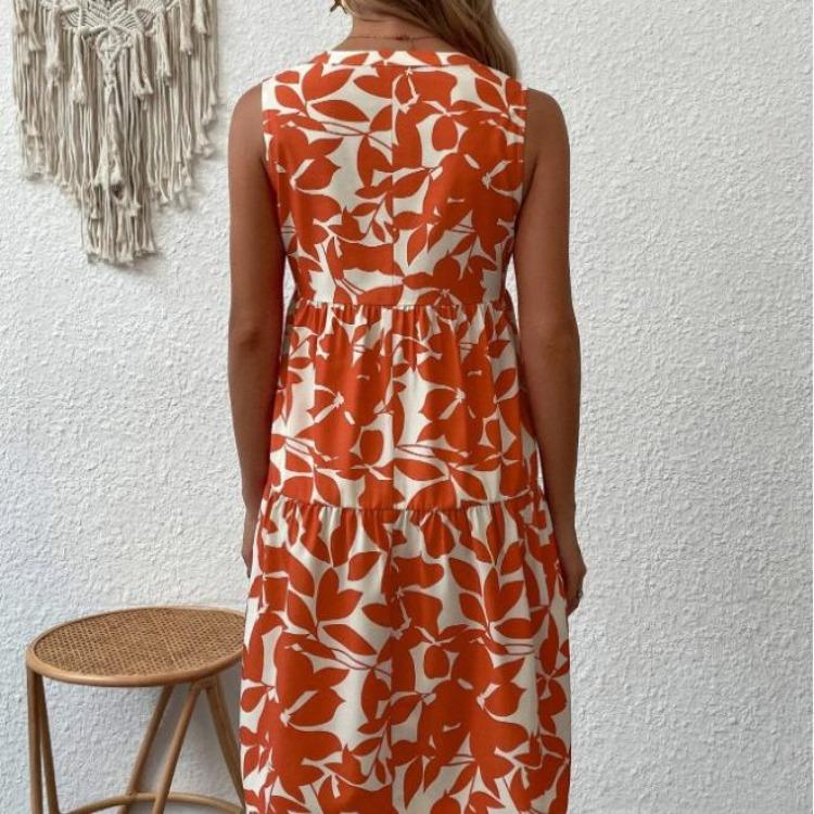 Fashion Bohemian Dress Women Printed V Loose Pleated Neck