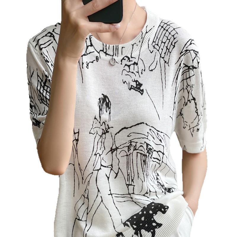Women's Autumn/Winter Graffiti Wool Sweater: Round Neck, Short Sleeve, Casual Knit Pullover