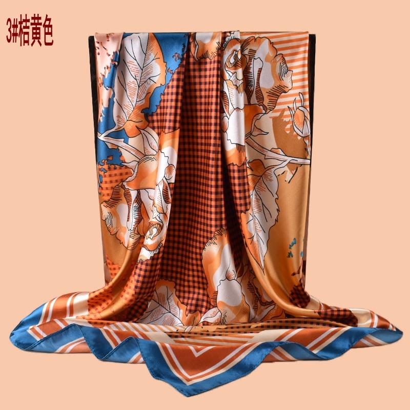 New Women's 91CM Satin Plaid Flower Printing Square Scarf with Sunscreen Bag Head Silk Scarf Wholesale