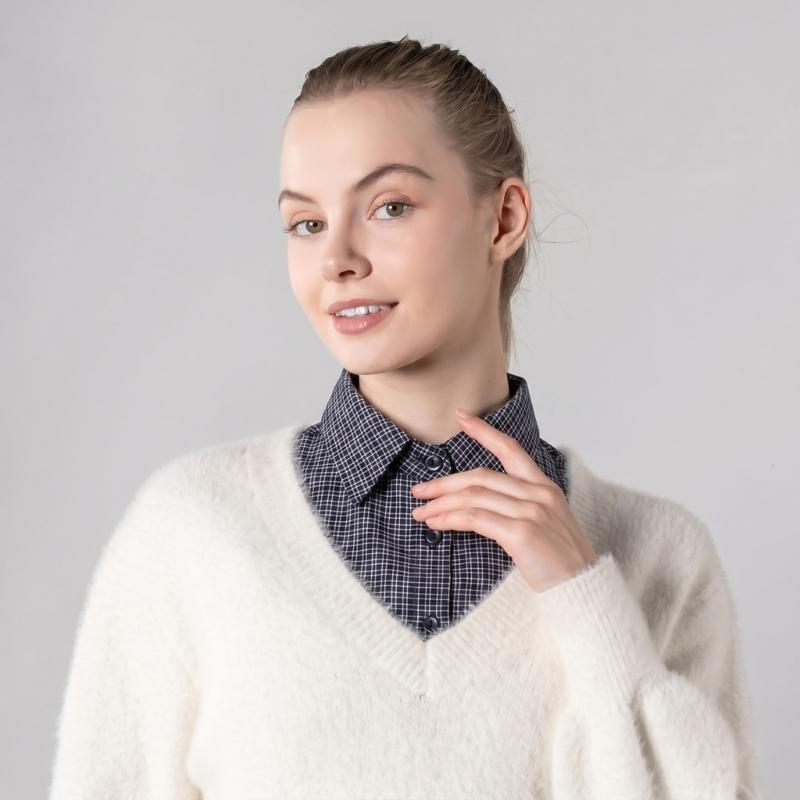 Check Pattern Detachable Faux Collar Shirt Collar Insert for Sweatshirt Layering with Pointed Collar and Front Style