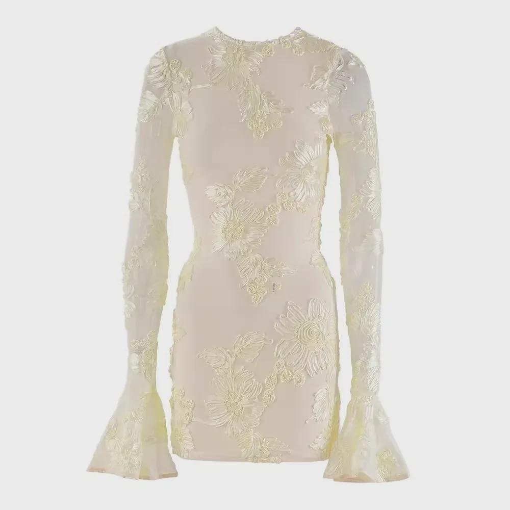 Floral Embroidered Backless Halter Dress with Trumpet Sleeves