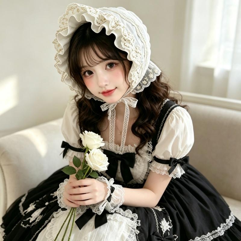 Gekräuselte Spitzenhaube mit Blumenstickerei und faltbarem Design für Cosplay, Anime-Maid und Theaterkostüm-Styling