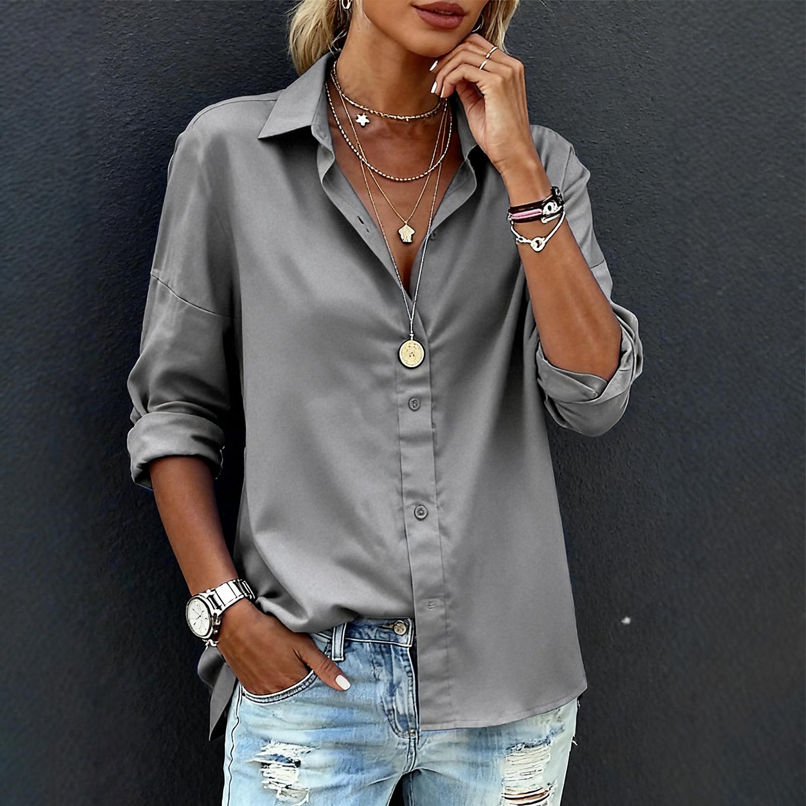 

Женская модная повседневная свободная однотонная рубашка с длинным рукавом и лацканами XXL