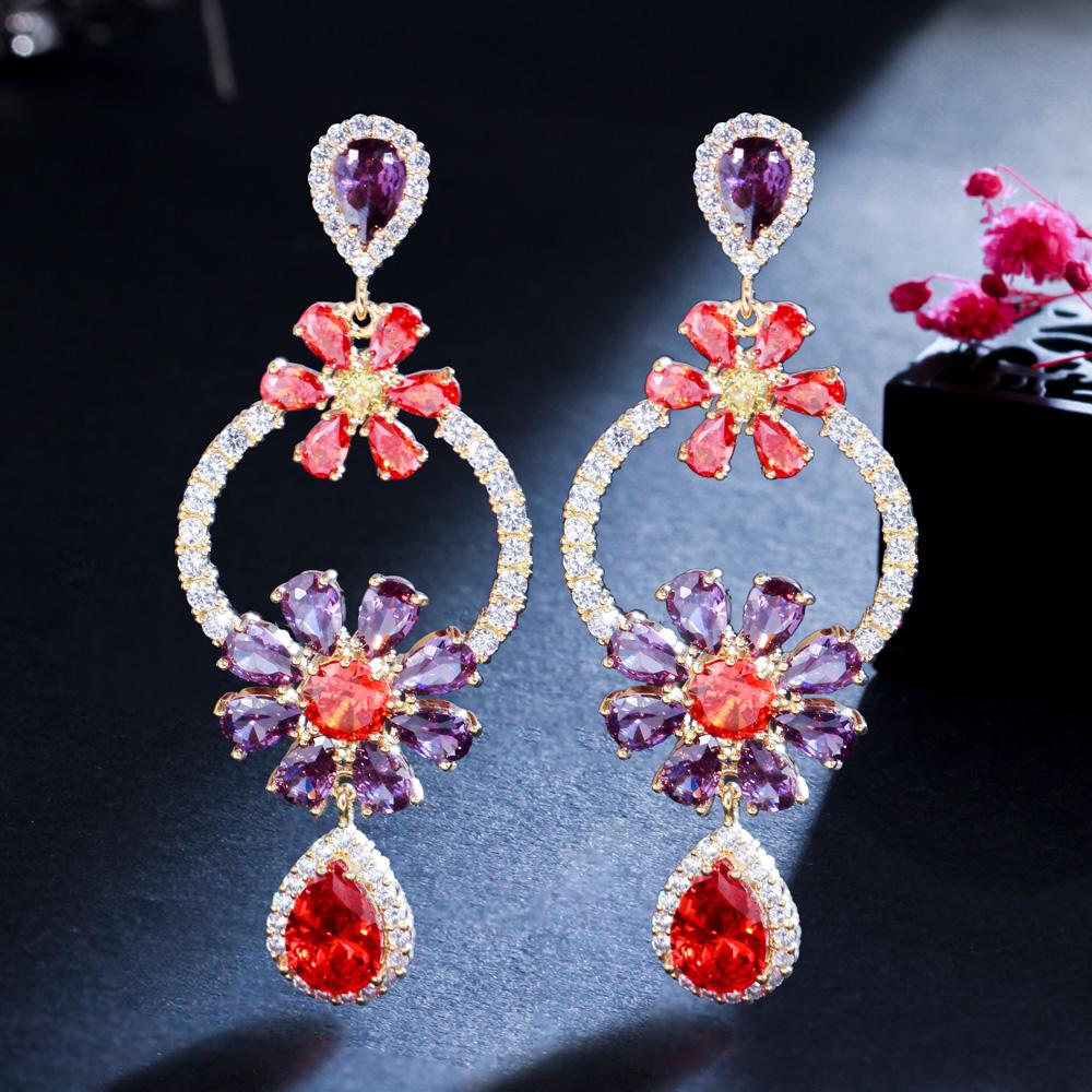 CMM Party Jewelry Golden Color Cubic Zirconia Flower Drop Earrings