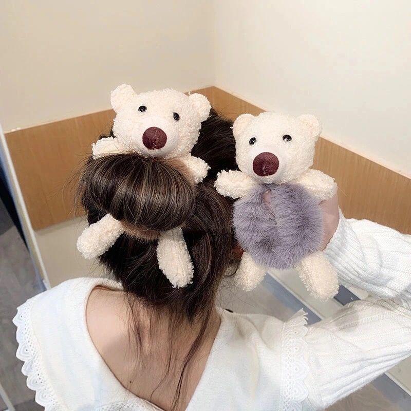 Women Faux Fur Ball Scrunchies Cute Cartoon 3D Bear Hairband Elastic Hair Rope Bands Ties Ponytail Holder Girls Hair Accessories