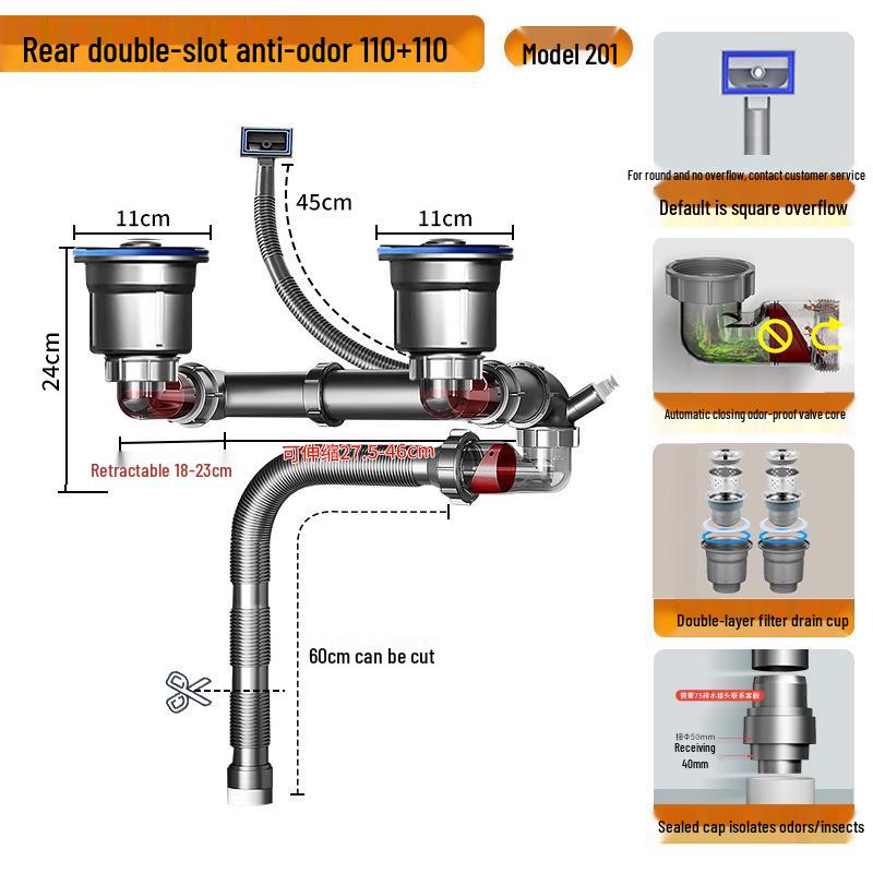Universal Kitchen Drain Pipe Set - Space-Saving Accessories for Single & Double Sinks