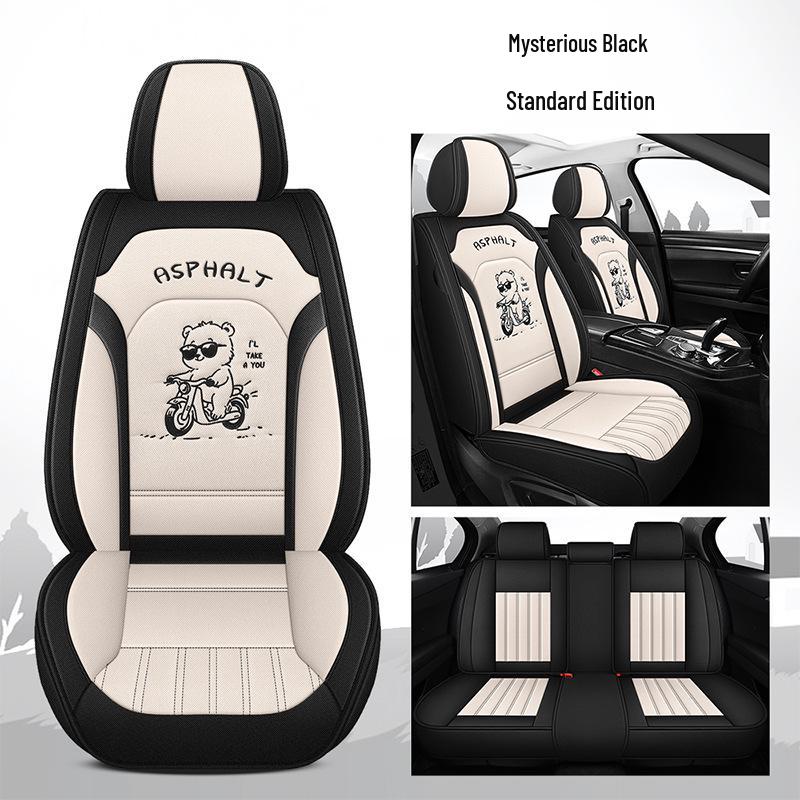 All-Season Linen Car Seat Cover - Breathable, Full Coverage with Cute Cartoon Design for Autumn/Winter
