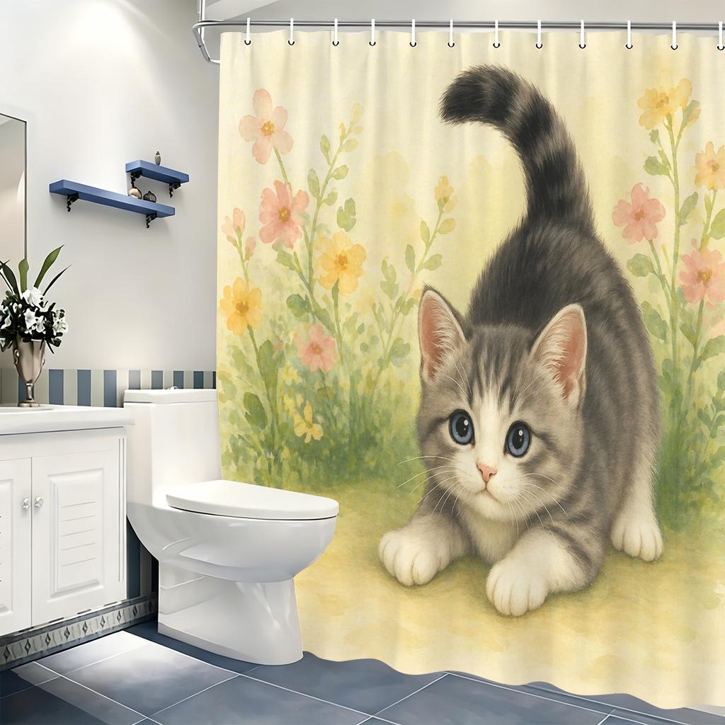 Lebhafter bedruckter Polyester-Duschvorhang - Entzückende Katze & Landschaftsthema Badezimmerdekoration, Stilvolle Duschwand