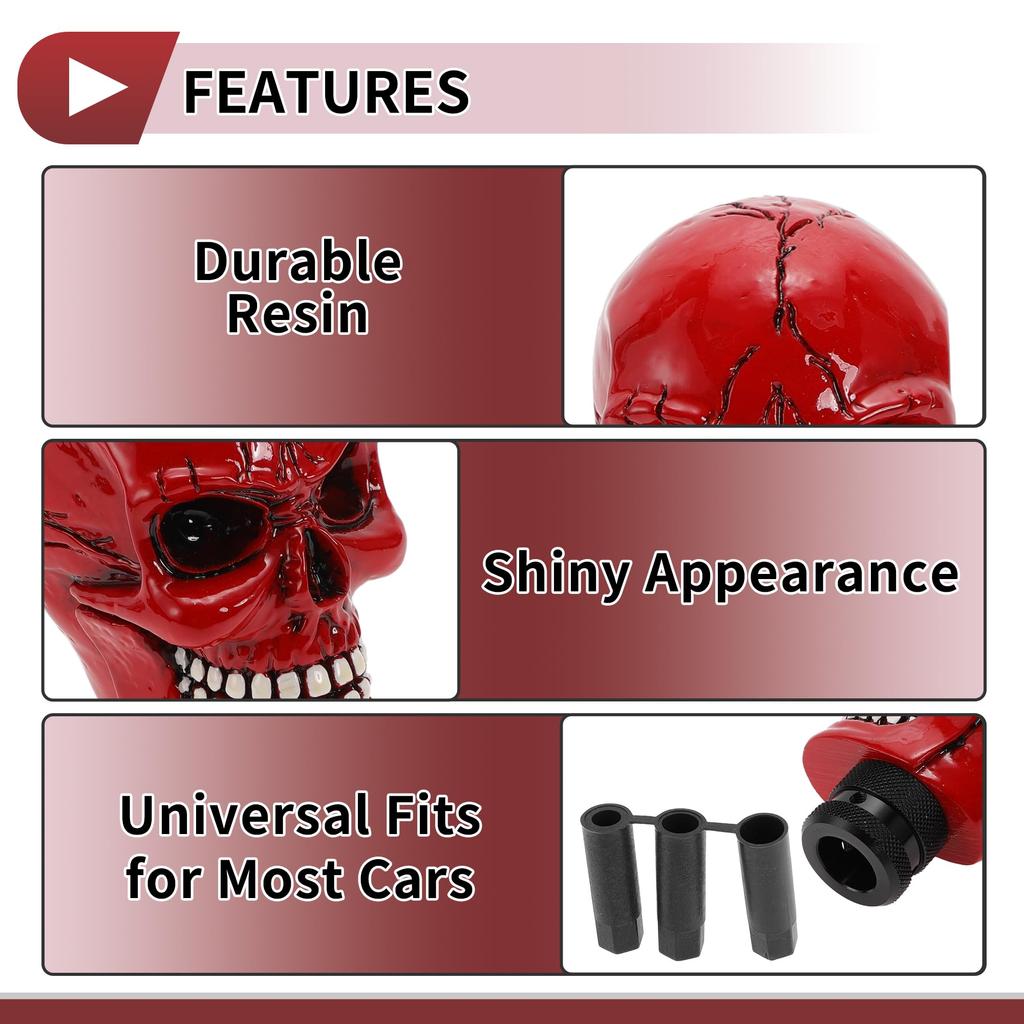 HEROFFIX 8.7cm Skull Shift Knob, Universal Gear Shift Knob, Resin Stick Shifter Lever Knob for Automatic and Manual Cars, with 3 Adapters, Red, 1 Set