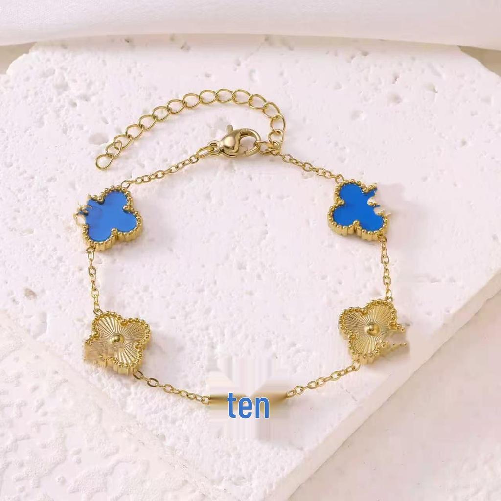 Stainless Steel 18K Double-Sided Mother-of-Pearl Four-Leaf Clover Bracelet for Men & Women - Simple Colorfast Jewelry