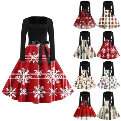 Women's Fashion Round Neck Casual Slim Christmas Printed Long Sleeve Dresses