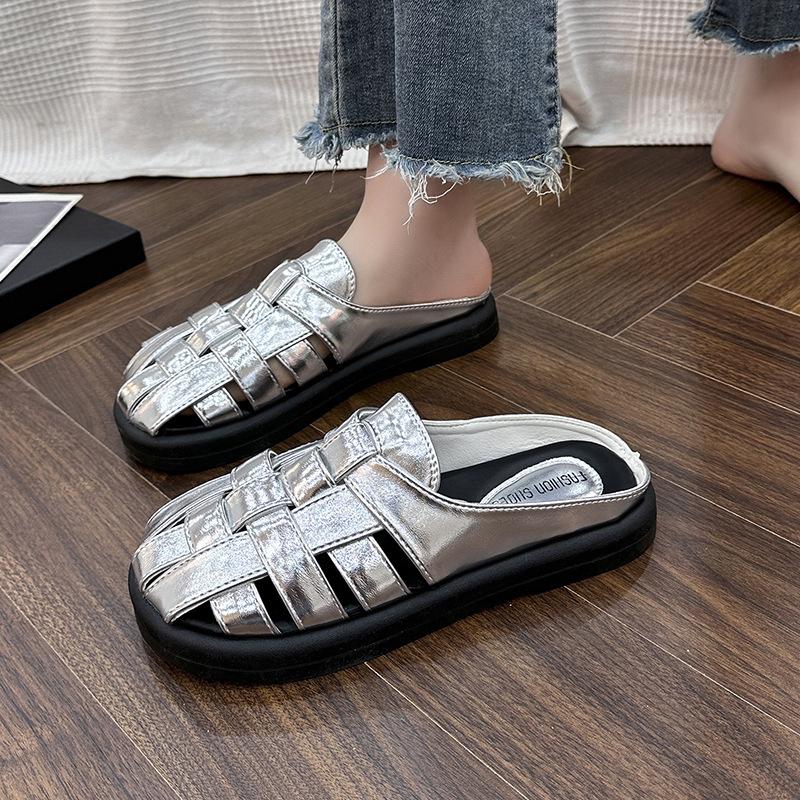 Baotou soft-soled half-slippers women's 2025 spring new retro woven hollow-soled thick-soled one-pedal lazy cool slippers