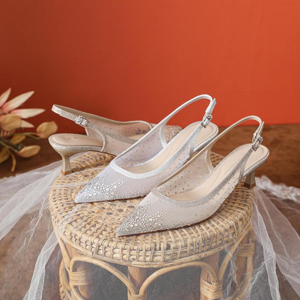 Champagnefärgade strass-mesh-sandaler med hög klack - Dambrud- och aftonskor