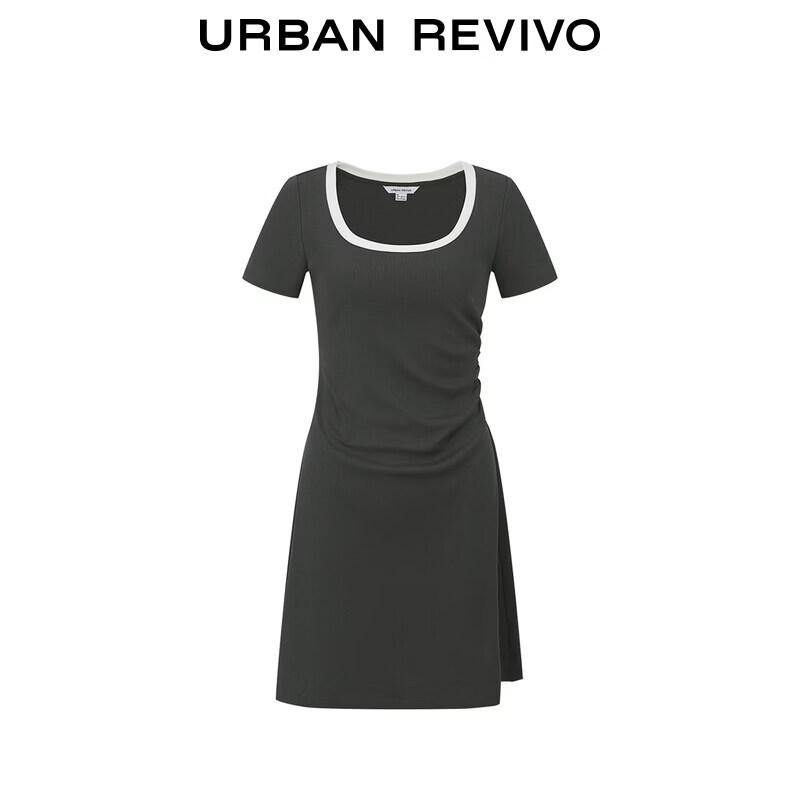 UR 2026 Spring Color-block U-neck Pleated Slim Dress