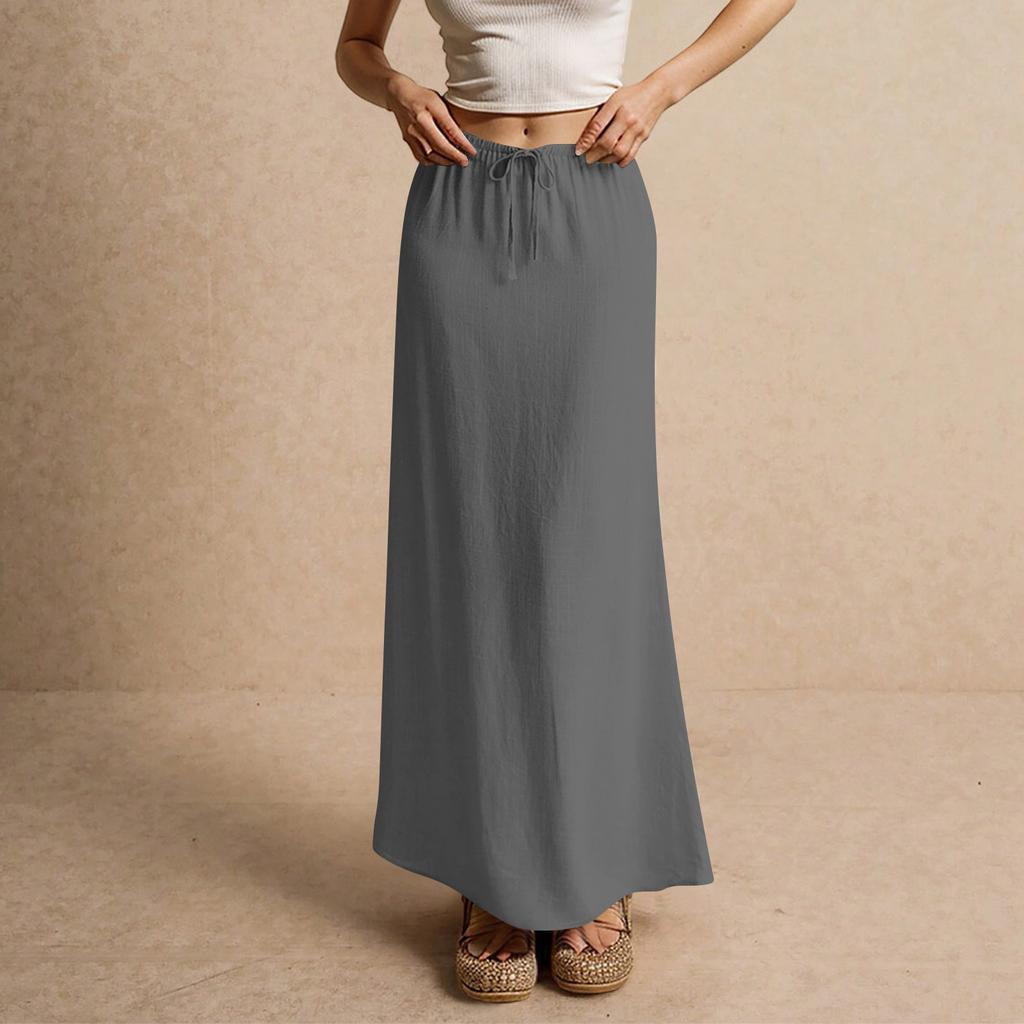Women's Summer Maxi Skirt Drawstring Low Waist A Line Casual Skirts High Elastic Waisted Bodycon Long Maxi Skirts