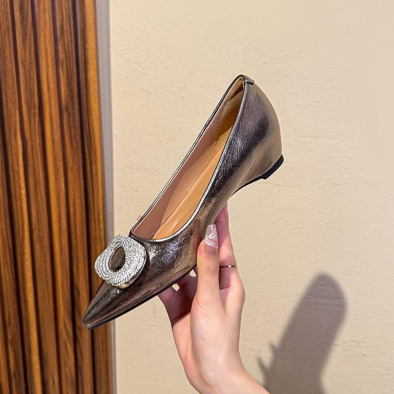 Inner height-increasing single shoes Spring and autumn rhinestone metal buckle pointed flat shoes Versatile commuter shoes
