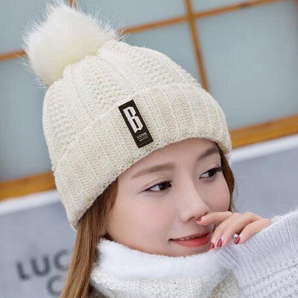 Women Ladies Warm Winter Hairball Plus Velvet  Knitted  Cap+Scarf