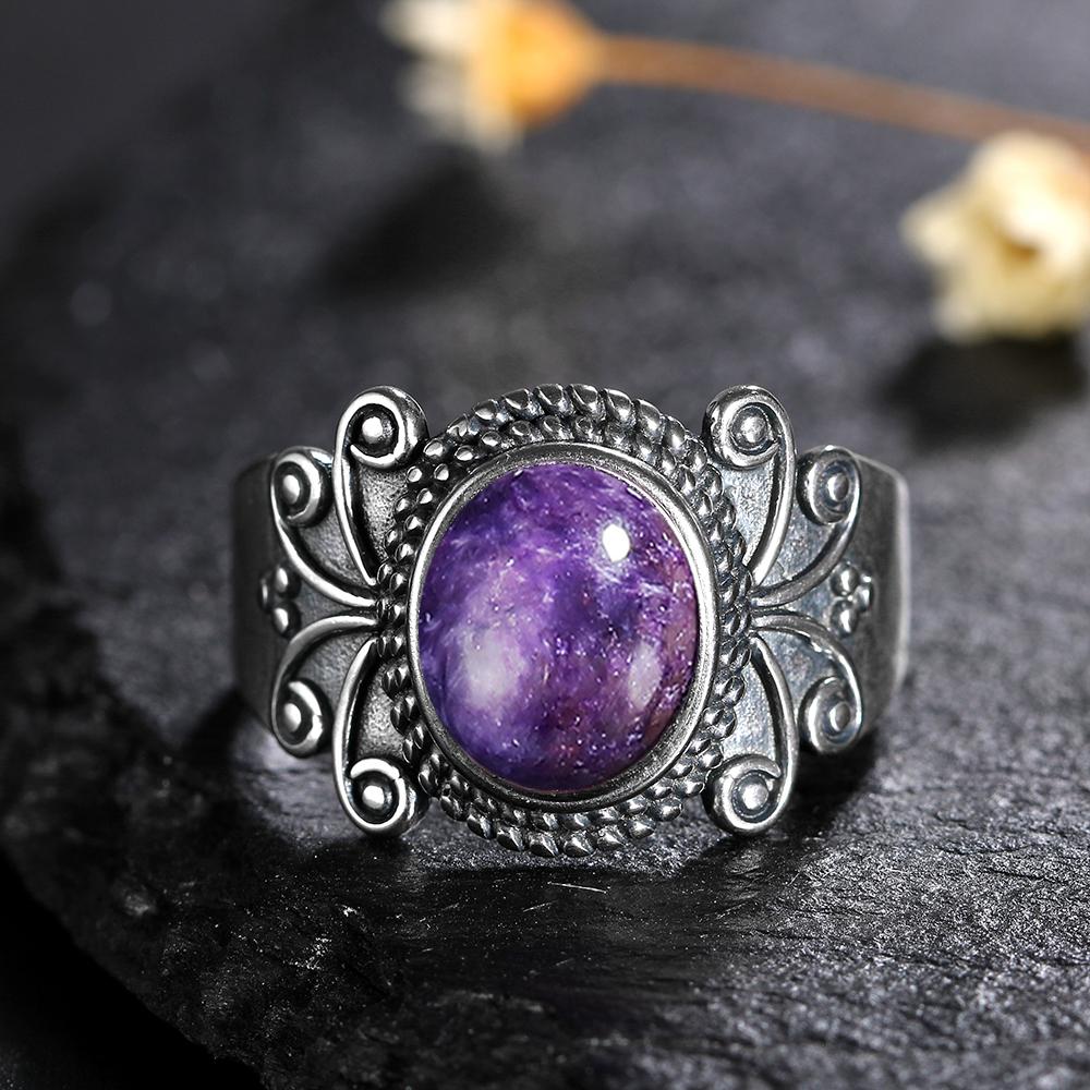 Natural CopperRings Charoite Bead Gemstone Rings for Women Wedding Bands Anniversary Party Gifts Fine Jewelry