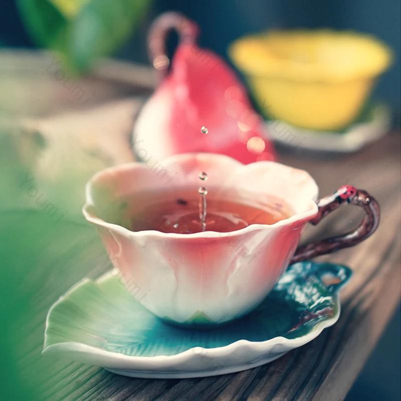 French style enamel coffee cups high end exquisite Hand drawn flowers afternoon tea cup Plate sweet household tableware gifts