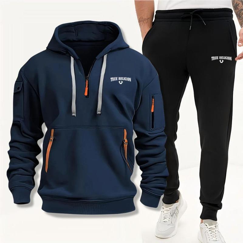 2024 European and American Men's Multi-pocket Multi-zipper Fleece-lined Sweater Suit Daily Joker Street Fashion Fashion Fashion